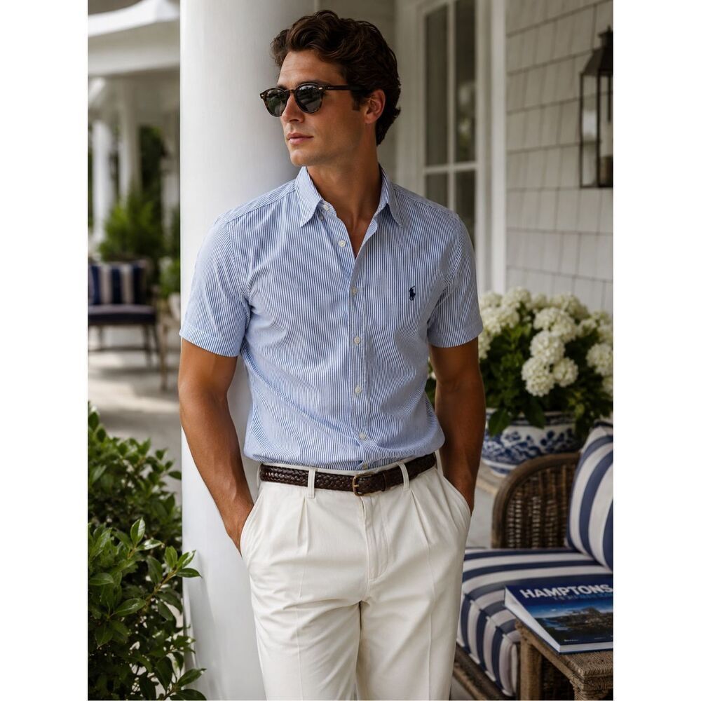 Ralph Lauren Seersucker Stripe Short Sleeve Button Down Shirt Hamptons Coastal P